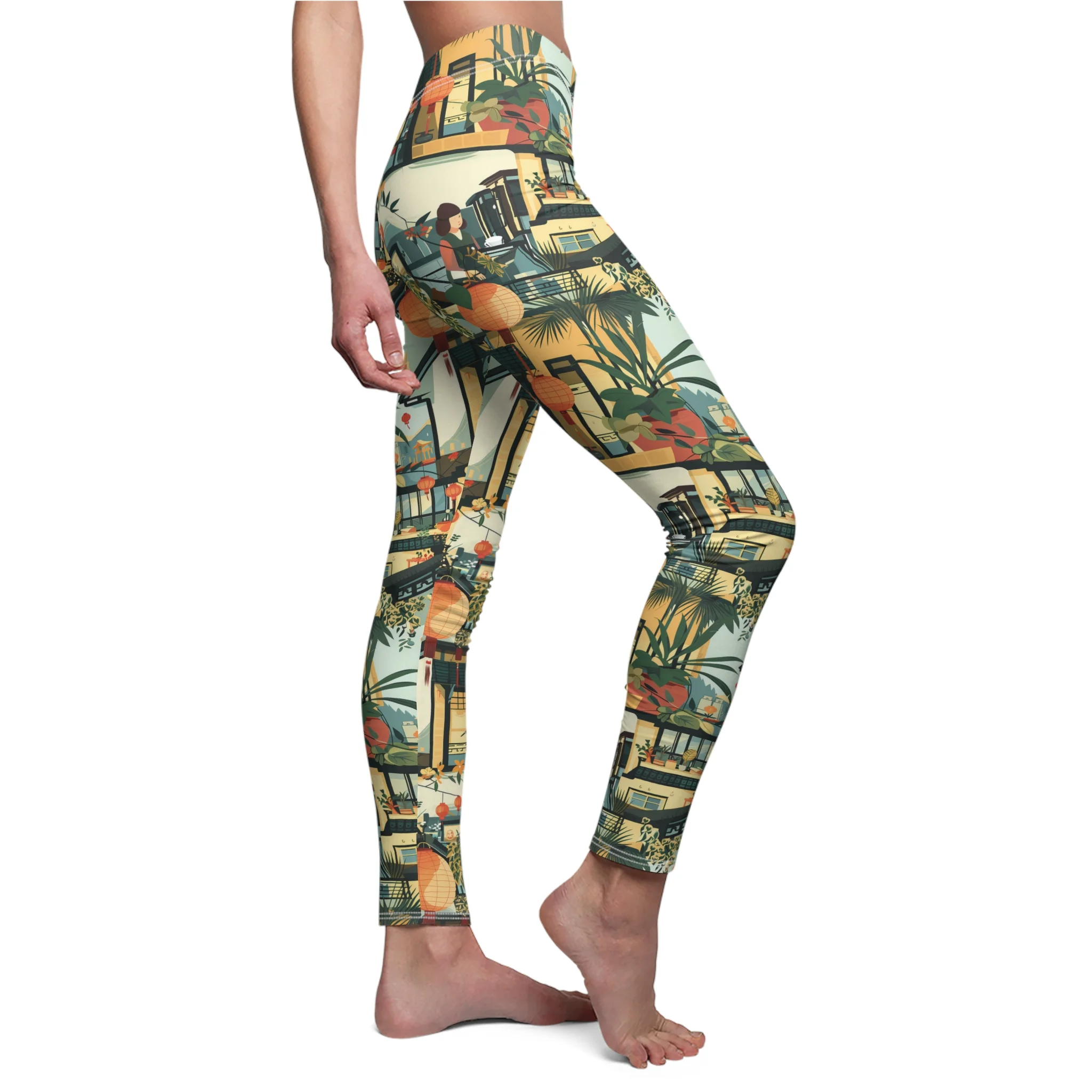 Vintage Asian Chic Garden Leggings – Elegant & Tranquil Illustration Yoga Pants - Image 6