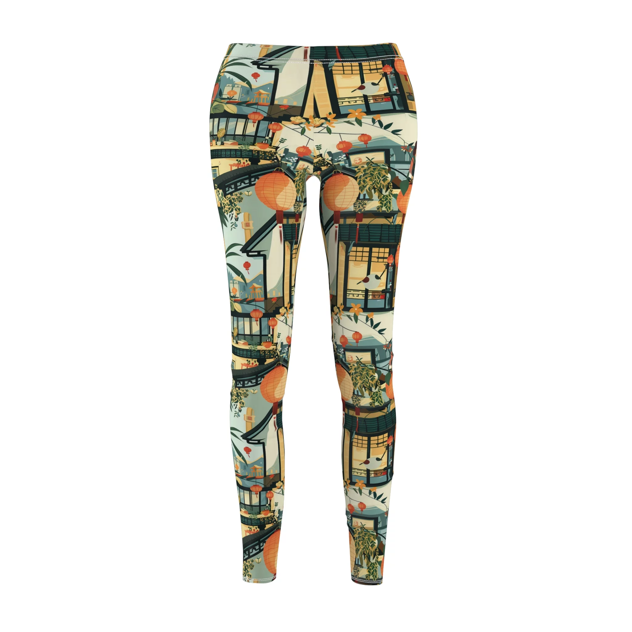 Vintage Asian Chic Garden Leggings – Elegant & Tranquil Illustration Yoga Pants - Image 2